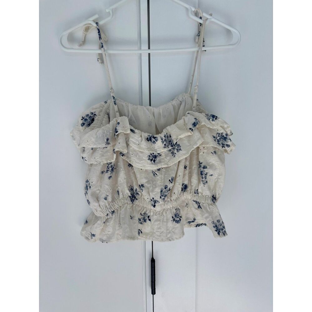 Cottagecore Blue Floral Eyelet Ruffle Tie Strap Top - Picture 3 of 4